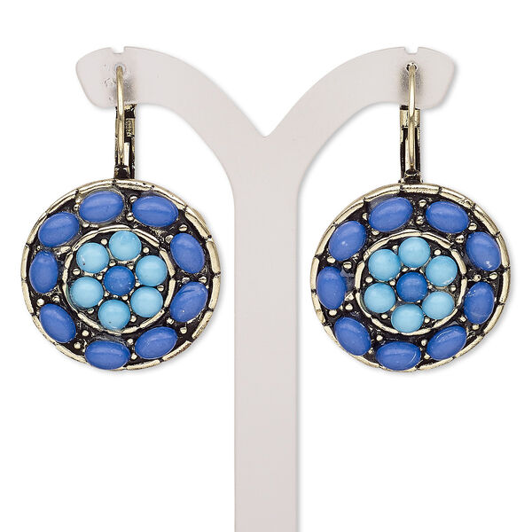 Earring, resin with antique gold-finished brass and "pewter" (zinc-based alloy), blue and light blue, 32mm with round and leverback ear wire. Sold per pair. image number 0