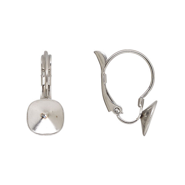 Ear wire, Almost Instant Jewelry®, stainless steel, 19mm leverback with 8mm faceted cushion setting. Sold per pkg of 2 pairs. image number 0