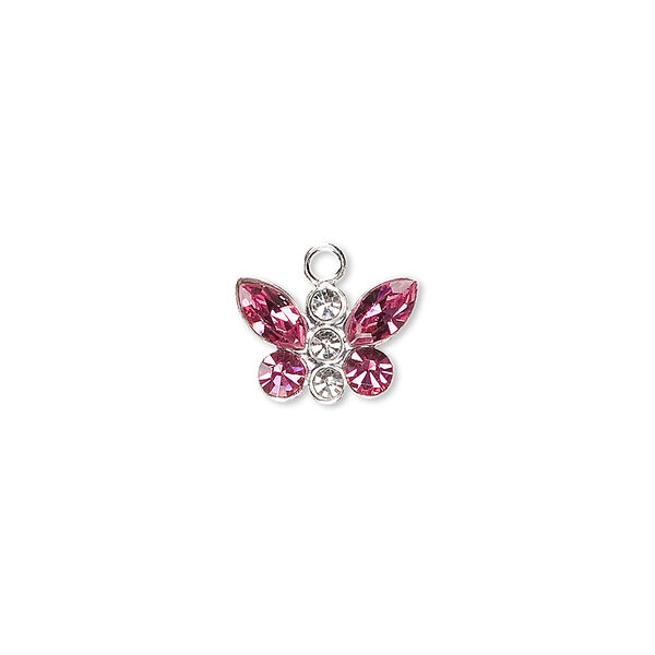 Charm, crystals and sterling silver, crystal clear and rose, 12x8mm butterfly. Sold individually. image number 0