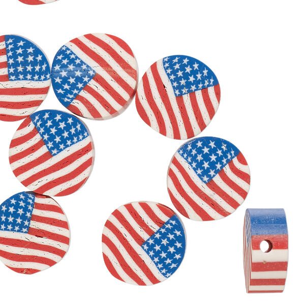 Bead, polymer clay, red / white / blue, 10mm two-sided flat round with USA flag. Sold per pkg of 10. image number 0