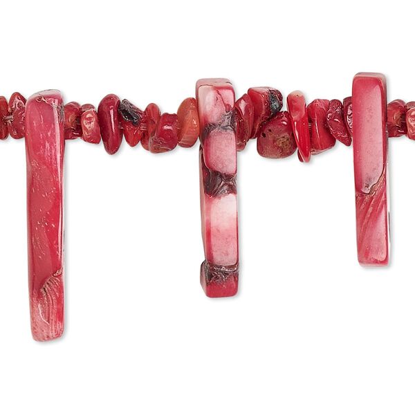 Bead, bamboo coral (dyed), red, medium chip and 16x4mm-60x5mm graduated top-drilled stick, C grade, Mohs hardness 3-1/2 to 4. Sold per 15-inch strand. image number 0