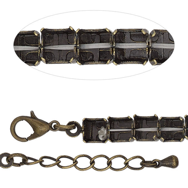 Bracelet component, antique brass-finished brass and steel, 6mm wide cupchain with (25) SS29 rivoli settings, 7 inches with 1-inch extender chain and lobster claw clasp. Sold individually. image number 0