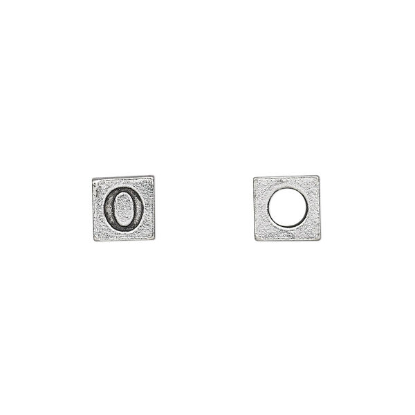 Bead, antiqued pewter (tin-based alloy), 7mm cube with Greek letter, OMICRON. Sold per pkg of 4. image number 0