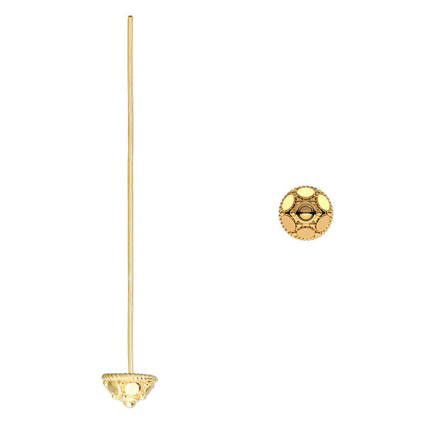 Head pin, gold-finished sterling silver, 2 inches with 8x5mm half-round beaded cap, 21 gauge. Sold per pkg of 2. image number 0