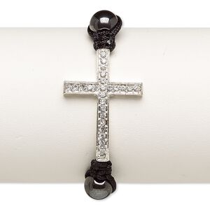 Bracelet, Hemalyke™ (manmade) / glass rhinestone / waxed cotton cord / silver-plated "pewter" (zinc-based alloy), black and clear, 36.5x26mm curved cross, adjustable from 7-10 inches with macramé knot closure. Sold individually.