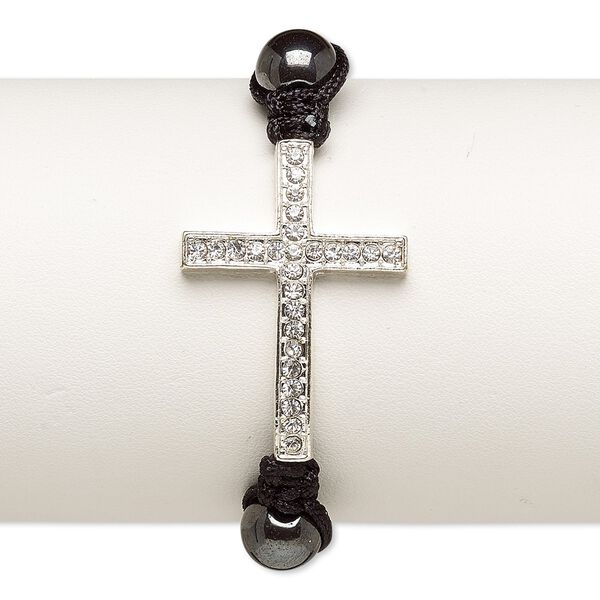 Bracelet, Hemalyke™ (manmade) / glass rhinestone / waxed cotton cord / silver-plated "pewter" (zinc-based alloy), black and clear, 36.5x26mm curved cross, adjustable from 7-10 inches with macramé knot closure. Sold individually. image number 0