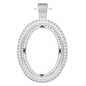 Pendant, silver-plated "pewter" (zinc-based alloy), 59x37.5mm oval with rope design and 40x30mm oval setting. Sold per pkg of 2.