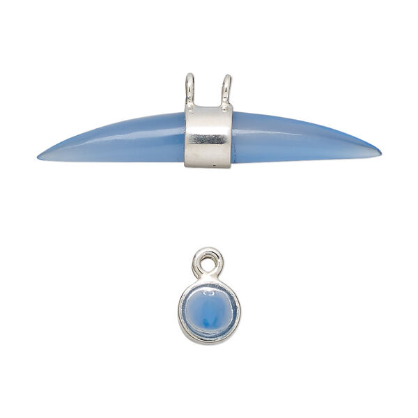 Focal, blue chalcedony (dyed) and sterling silver, 33x6mm-36x7mm hand-cut double point with 2 loops, Mohs hardness 6-1/2 to 7. Sold individually. image number 0