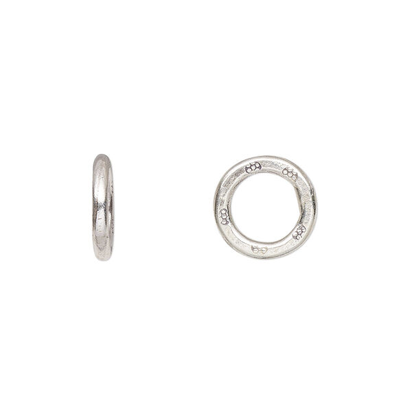 Bead, Hill Tribes, antiqued sterling silver, 12mm flat ring with flower print design. Sold per pkg of 2. image number 0