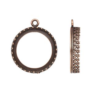 Drop, JBB Findings, antique copper-plated brass, 22mm round with decorative trim, 20mm round bezel setting. Sold per pkg of 2.