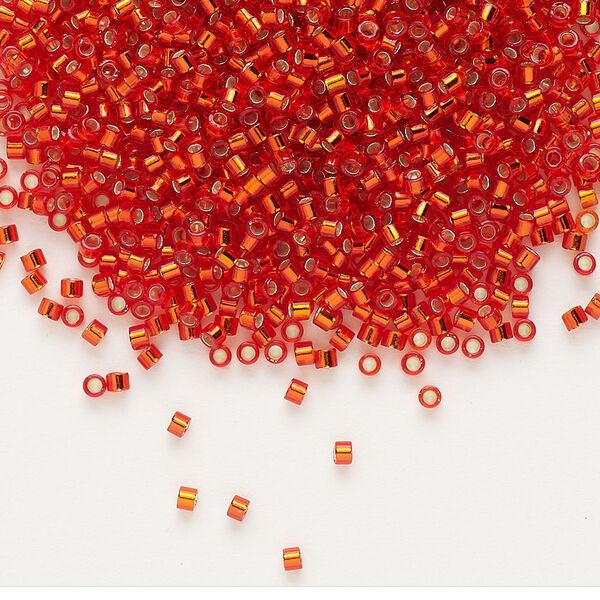 Seed bead, Delica®, glass, pkg/7.5g, #11 round, transparent silver-lined flame red (DB-0043). image number 0
