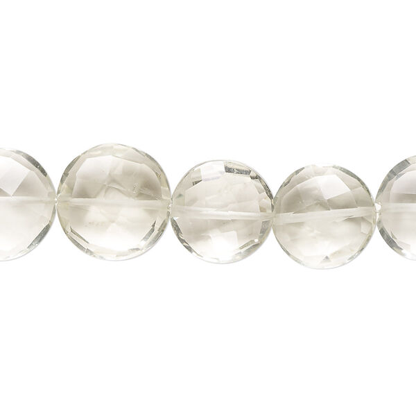 Bead, green quartz (heated), 10-12mm hand-cut faceted puffed flat round with 0.4-1.4mm hole, B- grade, Mohs hardness 7. Sold per 7-inch strand. image number 0