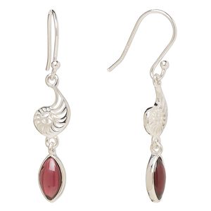 Earring, Create Compliments®, antiqued sterling silver and garnet (natural), fishhook, 42.5mm with 26.5mm single-sided left- and right-facing nautilus, 21 gauge. Sold per pair.