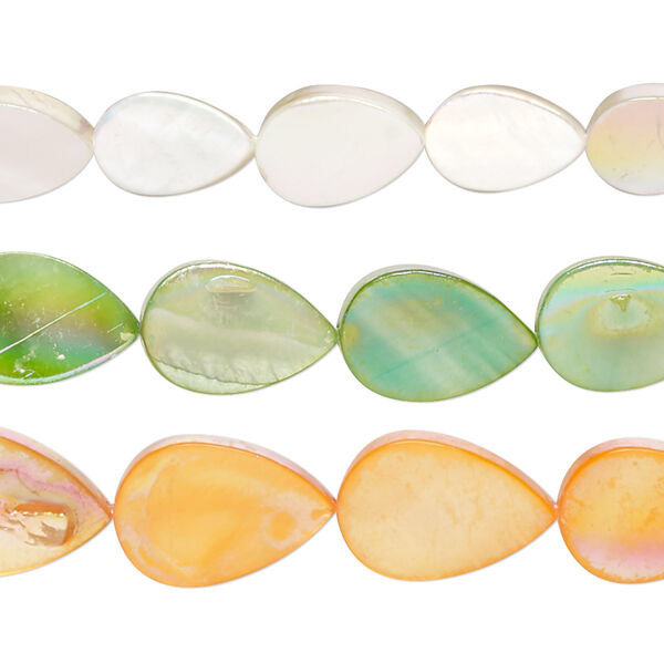 Bead mix, mother-of-pearl shell (bleached / dyed), multicolored AB, 10x7mm-15x11mm flat teardrop with 0.4-0.6mm hole, Mohs hardness 3-1/2. Sold per pkg of (3) 15-inch strands. image number 0
