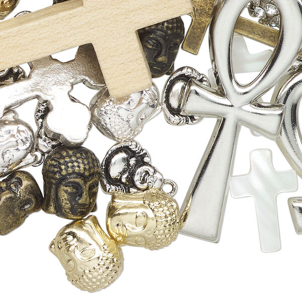 Drop mix, "pewter" (zinc-based alloy) and wood / bone / shell (natural/bleached), 8x7mm-67x57mm random mixed religious shapes. Sold per 4-ounce pkg, approximately 55 components. image number 0
