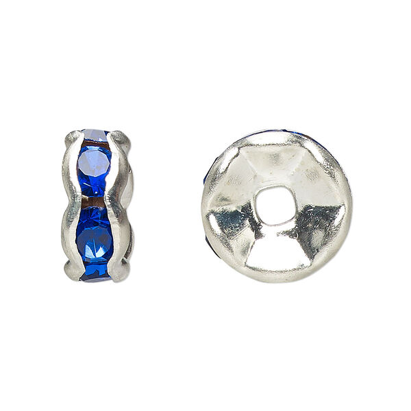 Bead, glass rhinestone and silver-plated brass, sapphire blue, 8x4mm rondelle. Sold per pkg of 10. image number 0