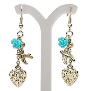 Earring, acrylic with gold-finished brass and steel, turquoise blue, 2-1/2 inches with bird and heart with fishhook ear wire. Sold per pair.