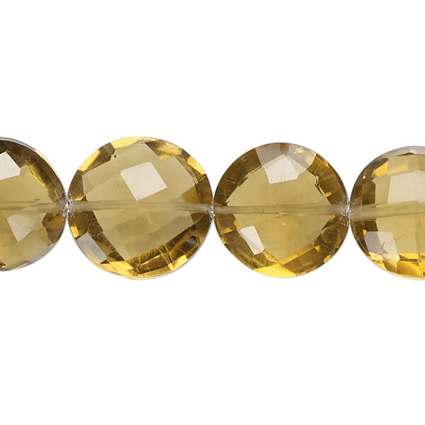 Bead, golden quartz (heated), 12-16mm hand-cut faceted puffed flat round, B+ grade, Mohs hardness 7. Sold per 7-inch strand, approximately 15 beads. image number 0