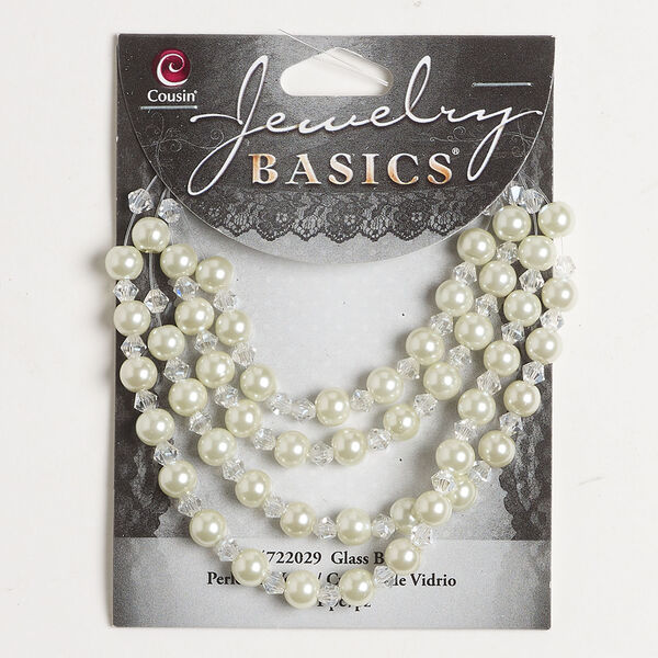 Bead assortment 1pkg101, glass pearl / acrylic, off-white and clear, 4mm faceted bicone / 5-6mm round. image number 0