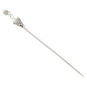 Hair stick, silver-plated "pewter" (zinc-based alloy), 5-1/2 inches with cone and flower dangle. Sold per pair.