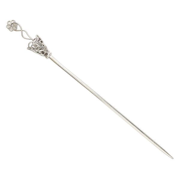 Hair stick, silver-plated "pewter" (zinc-based alloy), 5-1/2 inches with cone and flower dangle. Sold per pair. image number 0
