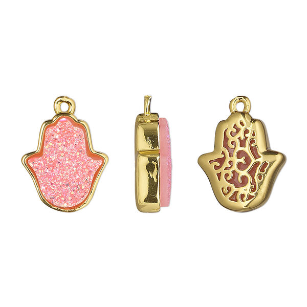 Drop, Druzylite™, "druzy" (resin) and gold-finished brass, pink, 14x12.5mm two-sided Hamsa hand with open filigree back. Sold per pkg of 4. image number 0