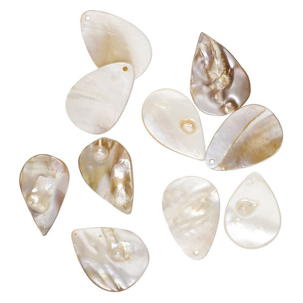 Focal mix, mother-of-pearl shell and blister pearl shell (bleached), 36x27mm-40x31mm teardrop, Mohs hardness 3-1/2. Sold per pkg of 10. image number 0