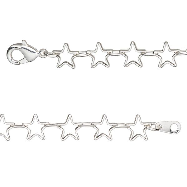 Chain, silver-plated brass, 6.5mm open star, 20 inches with lobster claw clasp. Sold individually. image number 0