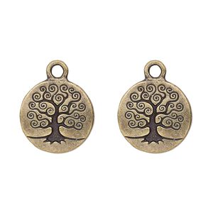 Drop, TierraCast®, antique brass-plated pewter (tin-based alloy), 15.5mm double-sided flat round with tree of life. Sold per pkg of 2.
