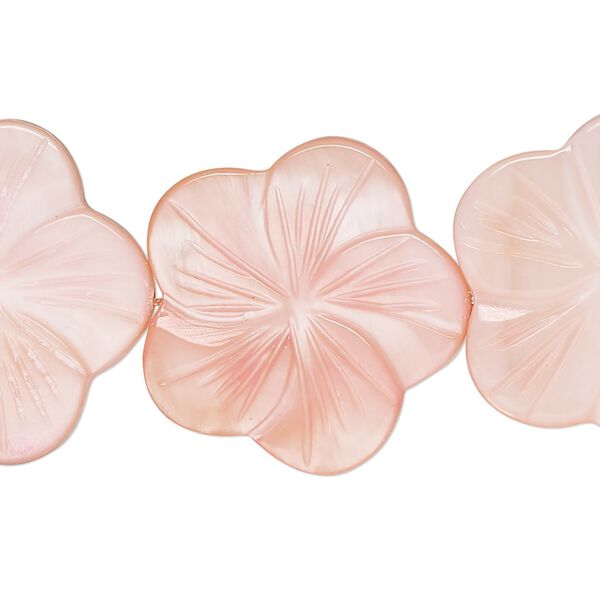Bead, mother-of-pearl shell (dyed), light pink, 24x23mm-26x25mm carved flat flower with 0.6-0.8mm hole, Mohs hardness 3-1/2. Sold per 15-1/2" to 16" strand. image number 0