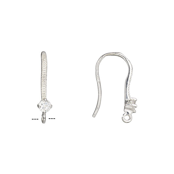 Ear wire, rhodium-plated sterling silver and cubic zirconia, clear, 18mm fishhook with 4mm faceted round and open loop, 20 gauge. Sold per pair. image number 0