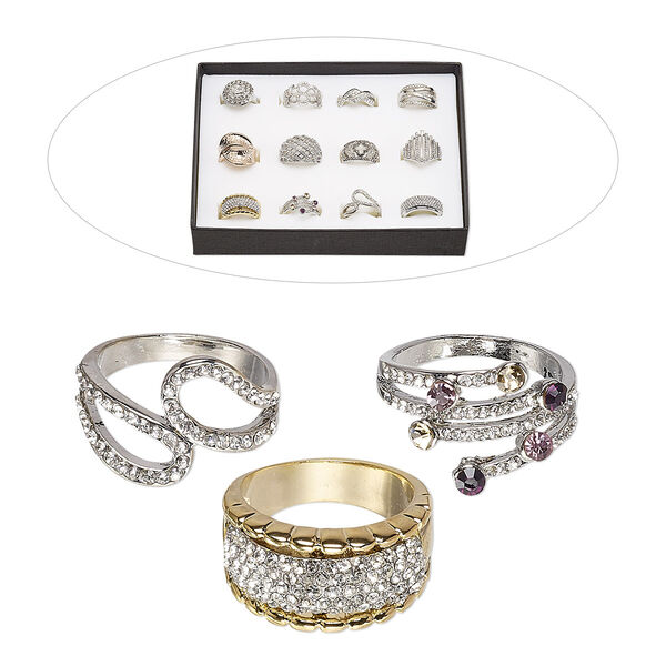 Ring mix, glass rhinestone and mix-finished "pewter" (zinc-based alloy), mixed colors, size 8. Sold per pkg of 12. image number 0