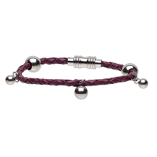 Bracelet, leather (dyed) and stainless steel, dark purple, 10mm wide with 4mm bolo cord, 6-1/2 inches with magnetic clasp. Sold individually. image number 0
