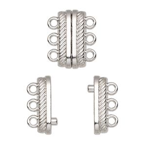 Clasp magnetic 1pkg1 "pewter" (zinc alloy), 18x8mm double-sided rectangle, silver-finished 3-strand