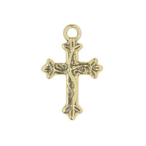 Drop, antique gold-finished "pewter" (zinc-based alloy), 21x16mm cross with leaf and vine design. Sold per pkg of 10.