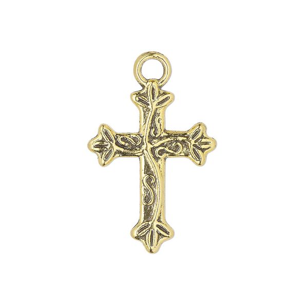 Drop, antique gold-finished "pewter" (zinc-based alloy), 21x16mm cross with leaf and vine design. Sold per pkg of 10. image number 0
