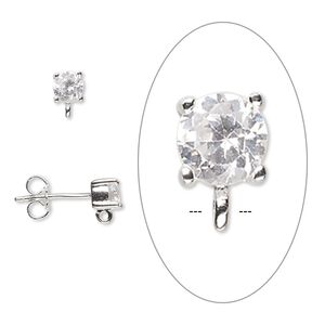 Earstud 1pkg2 sterling silver / cubic zirconia, 7x4mm / 4mm faceted round / open loop, clear 1 pair