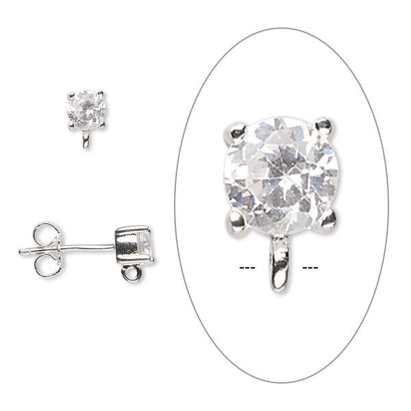 Earstud 1pkg2 sterling silver / cubic zirconia, 7x4mm / 4mm faceted round / open loop, clear 1 pair image number 0