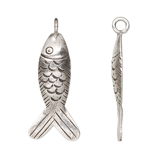 Charm, Hill Tribes, antiqued fine silver, 30x14mm fish. Sold individually. image number 0