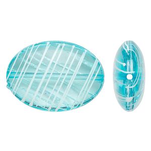 Bead, acrylic, semitransparent blue and white, 33x24mm puffed oval with painted line design. Sold per pkg of 18.