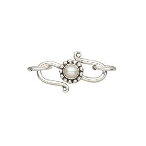 Clasp S-hook 1pkg1 sterling silver / cultured freshwater pearl, 20.5x8mm, 2-strand