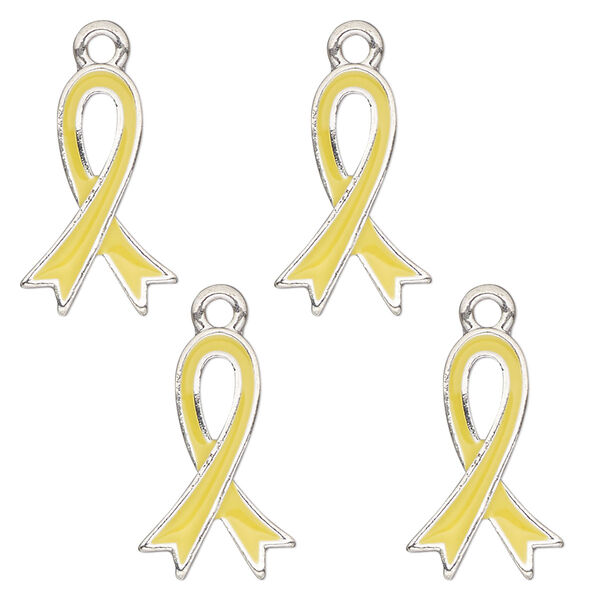 Charm, antique silver-finished enamel "pewter" (zinc-based alloy), yellow, 18x12mm single-sided awareness ribbon. Sold per pkg of 4. image number 0