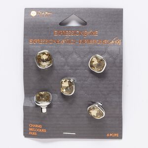 Slide, glass and silver-finished "pewter" (zinc-based alloy), champagne, 12x9mm rounded faceted square, 6.5mm hole. Sold per pkg of 5.