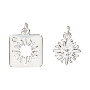 Charm, silver-finished "pewter" (zinc-based alloy) and glass, clear, 16x16mm square with sun cutout design and 13x13mm single-sided sun. Sold per pkg of (2) 2-piece sets.