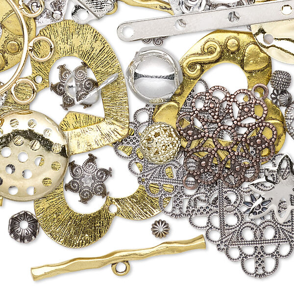 Finding mix, mixed-plated brass / copper / steel, 3x3mm-68x36mm mixed shape. Sold per 1/2 pound pkg. image number 0