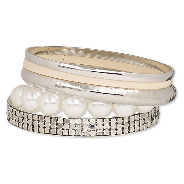 Bracelet, bangle and stretch, enamel / acrylic pearl / imitation rhodium-finished steel, white and peach, 4-10mm wide, 6-1/2 to 8 inches. Sold per 5-piece set. image number 0