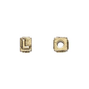 Bead, antique gold-plated pewter (tin-based alloy), 8x6mm rectangle with alphabet letter "L." Sold per pkg of 4.