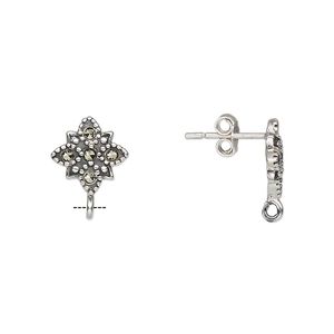 Earstud 1pkg2 sterling silver / marcasite (natural), 10x10mm flower / open loop / earnuts, antiqued 1 pair