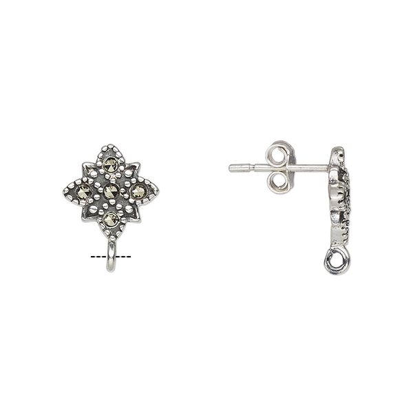 Earstud 1pkg2 sterling silver / marcasite (natural), 10x10mm flower / open loop / earnuts, antiqued 1 pair image number 0