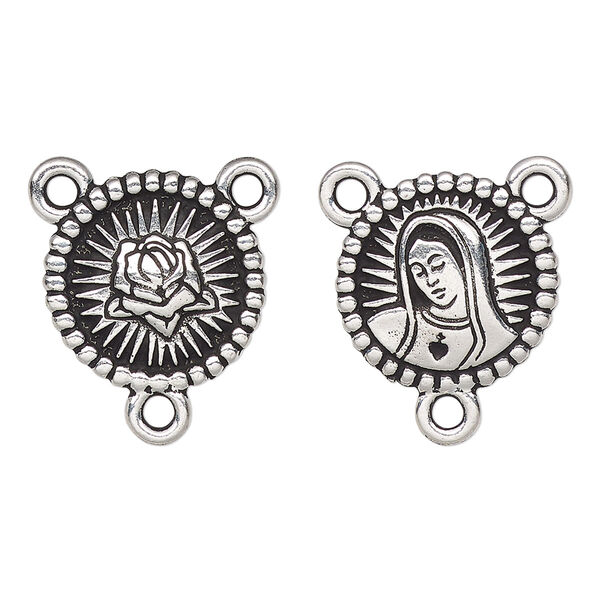 Connector, TierraCast®, antique silver-plated pewter, 16.5mm 2-sided rosary round with Our Lady and rose. Sold per pkg of 20. image number 0